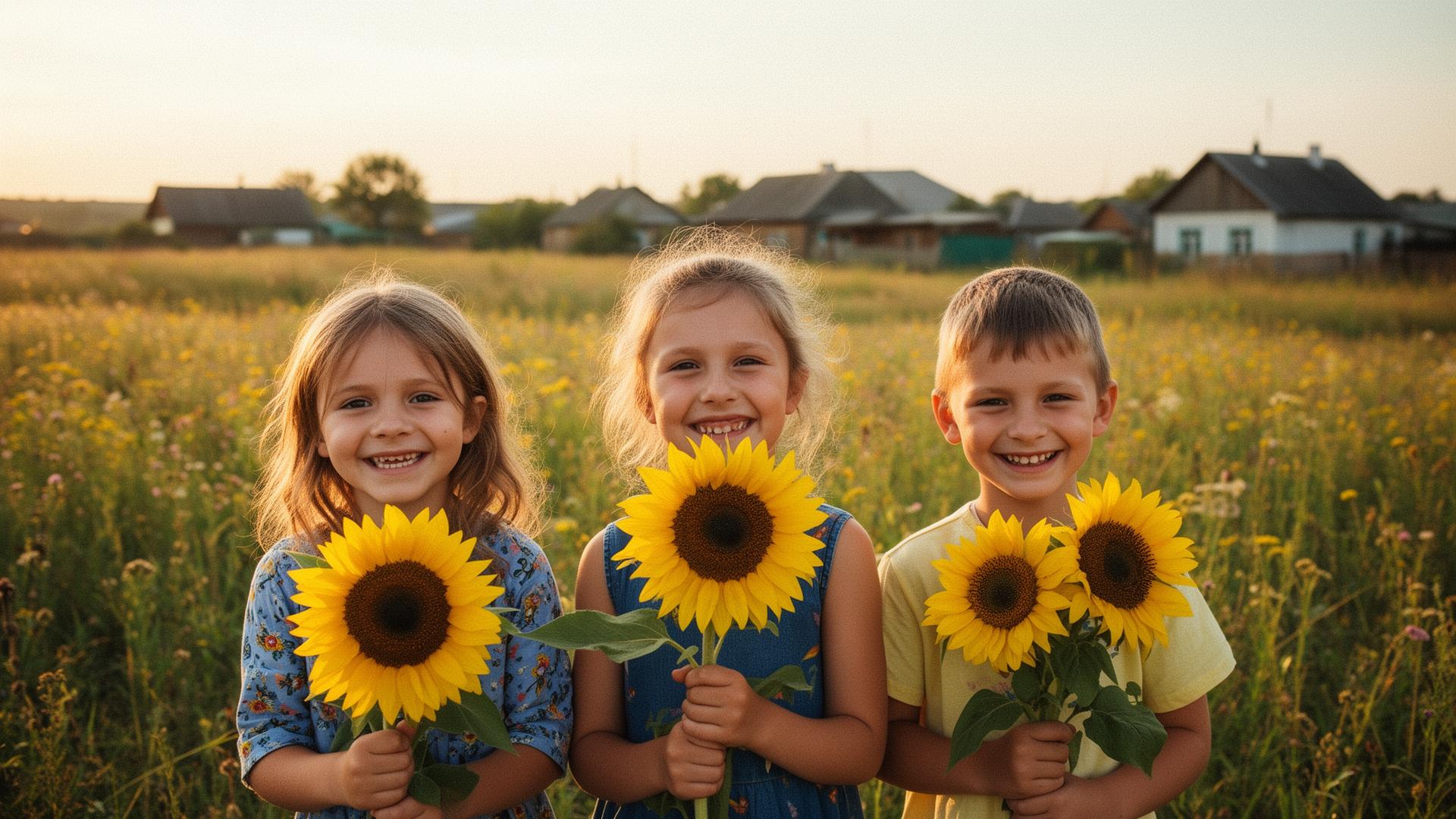 Smiling Ukrainian children holding sunflowers