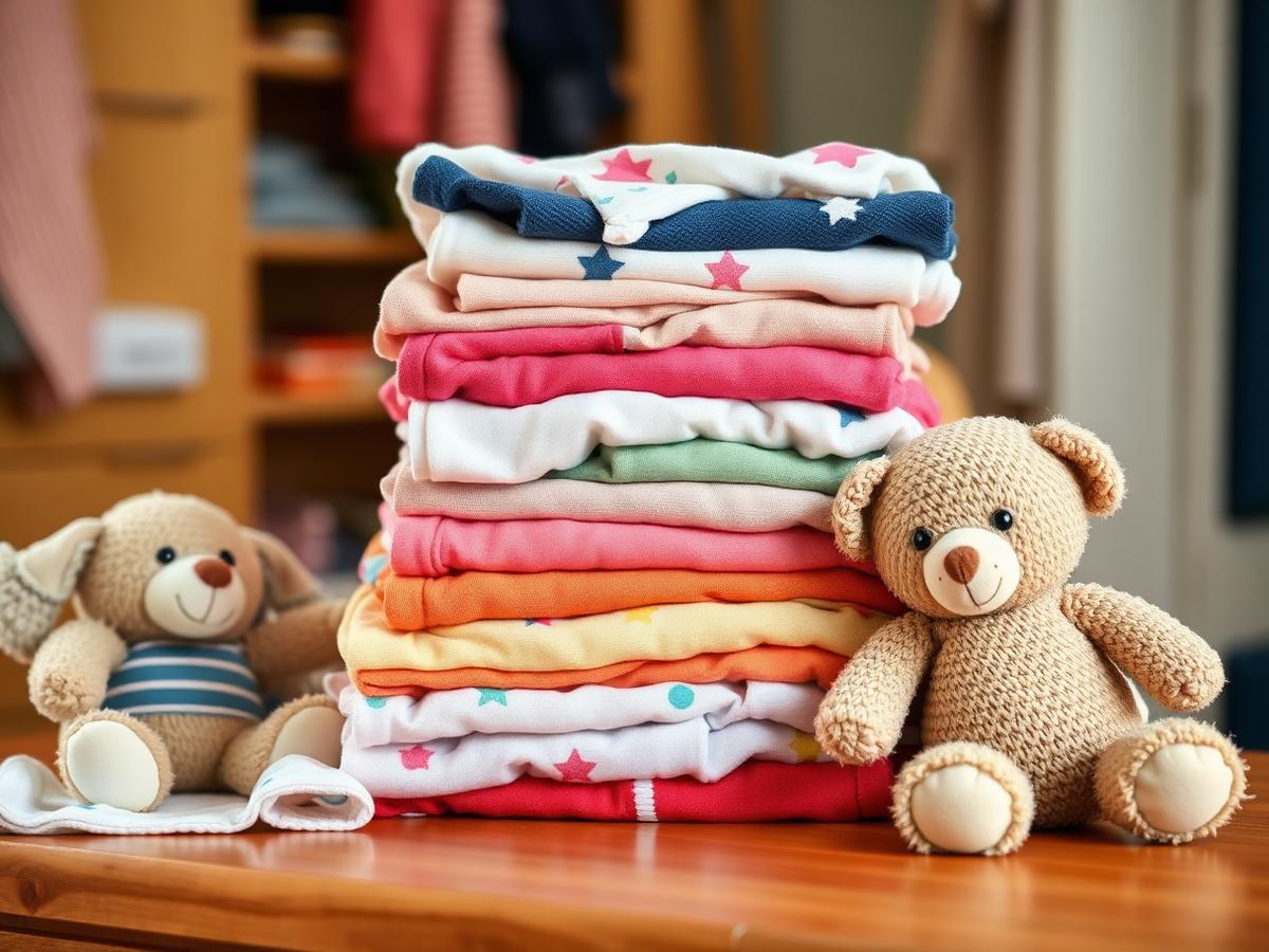 Folded children's clothing and stuffed animals